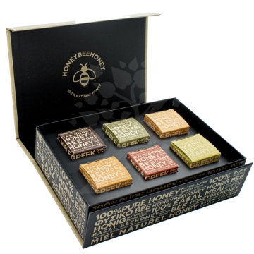 Exquisite Presentation of Greek Honey Gift Box - Perfect for Gifting Full presentation of the Greek Honey Gift Box with all six honey jars.
