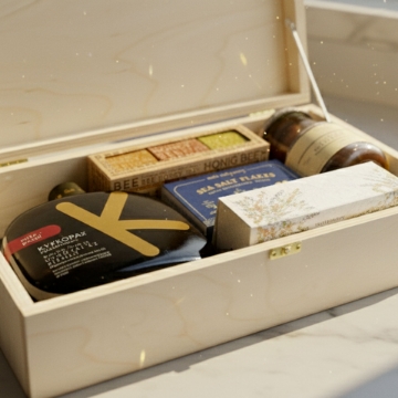 Top view of Greek delicacies in a wooden gift box – featuring Kyklopas olive oil, honey trio, sea salt flakes, and Mediterranean herbs Close-Up of Premium Greek Gourmet Products Inside Gift Box