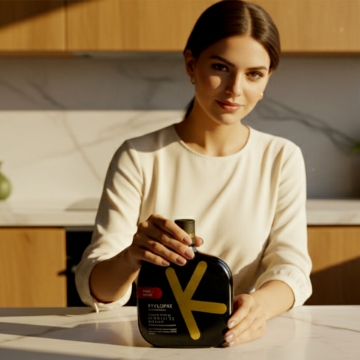 Greek Olive Oil Gift – Handheld Product Moment in Luxury Kitchen Beautiful woman presenting a bottle of premium Greek olive oil in an upscale kitchen, part of an elegant gourmet gift set