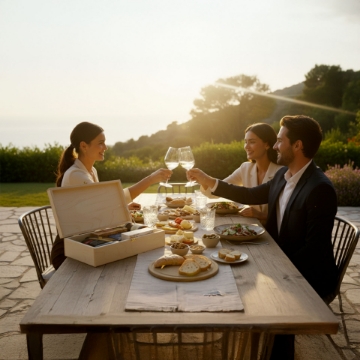 Greek Gourmet Gift Box Shared at Outdoor Dinner Table Outdoor Mediterranean dining scene with friends toasting wine and enjoying a Greek food gift box with luxury wooden packaging