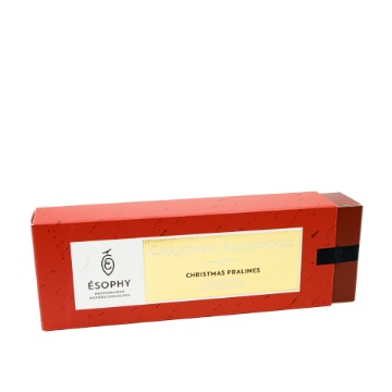 Red Artisanal Christmas Praline gift box by Ésophy featuring Gianduja & Winter Spices flavour text. Artisanal Christmas Praline Gift Box - Ésophy