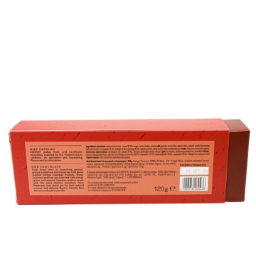 Back of Ésophy Christmas Pralines box showing ingredients, nutritional data, weight (120g), and Best Before date. Ésophy Christmas Pralines Ingredients & Nutritional Information
