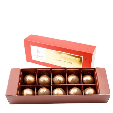 Box of 10 round, gold-dusted Ésophy Christmas Pralines with a Gianduja and Winter Spices filling; luxurious holiday chocolate gift. Ésophy Christmas Pralines Box - Gianduja & Winter Spices