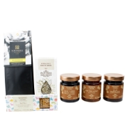 All 6 gourmet Greek food items in the Greek Morning Gift Box: coffee, tea, honey, marmalade, spoon sweet, pasteli.