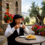 Elderly Cretan man enjoying traditional Simantiraki Xerotigana bites with Greek coffee in a stone courtyard.