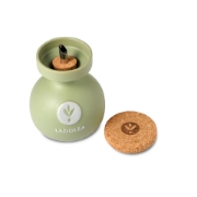Top view of Ladolea ceramic olive oil bottle showing the natural cork stopper and integrated stainless steel pourer for precise drizzling.