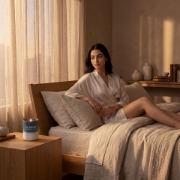 Aurean scented candle luxury bedroom cozy lifestyle woman relaxing silk robe warm light Greek premium home fragrance decor