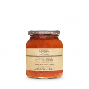 Navarino Icons tomatsås med fetaost 360 g - färdigt grekiskt pålägg | Lokalt skördade tomater, syrlig fetaost, inga konserveringsmedel, glutenfri vegetarisk