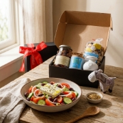 Filos the Donkey Delivers: Greek Salad Essentials Gift Box in a natural lifestyle setting