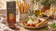 Navarino Icons Spicy Bukovo Sourdough Breadsticks with Sesame, 130g on a clean ecommerce background